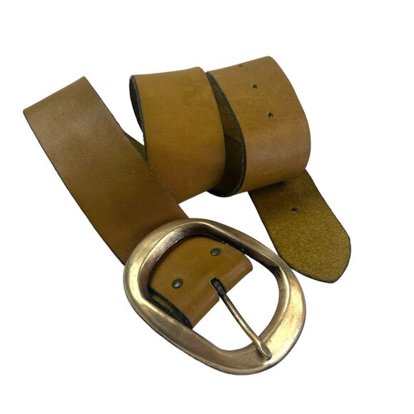 vintage Tan Soft Leather Wide Belt S Brass Buckle Western Classic Heritage Prep - Picture 10 of 12